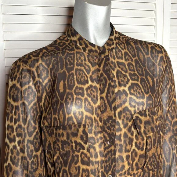 BCBGMAXAZRIA Anderson Leopard Print Sheer 100% Silk Button Front Blouse Shirt S - Picture 3 of 8